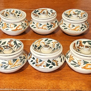 Set di barattoli per spezie Aroma ICB Pottery degli anni '70, vasi per erbe aromatiche in ceramica dipinti a mano con coperchi, utensili da cucina vintage in stile cottagecore, stile retrò da appoggio.