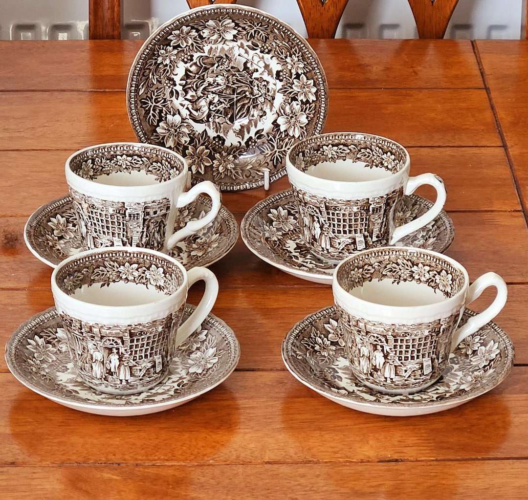 Royal Tudor Ware Coaching Taverns Brown (1828) Cups and Saucers