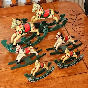 Vintage Job Lot 6 Folk Art Wooden Rocking Horses | Hand Carved Hand Painted Primitive Country Decor | Rustic Collectible Figurines