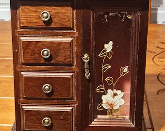 Wooden Jewelry Box Armoire Glass Door Painted Flowers Carousel 3