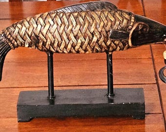 希少なアンティークの囲炉裏自在鉤 - 手彫りの木製囲炉裏鉤、魚の