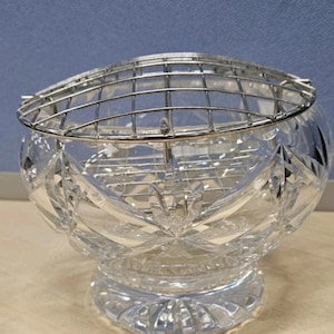 Vintage Lead Crystal Rose Bowl Cut Glass Etched Detail 11cm high x 13cm
