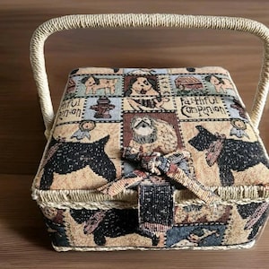 Vintage Tapestry Faithful Companion  Sewing  Box Sewing Basket With Woven Raffia Handle Tapestry Basket with Dogs