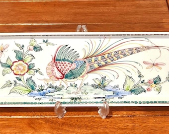 Vassoio da tapas vintage in ceramica dipinto a mano Anfora Agueda, Portogallo, con motivo Uccello del Paradiso, 38 cm (15")