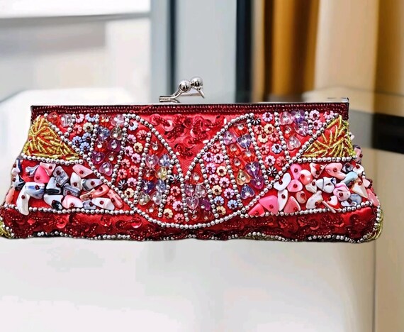 Vintage 90s Embellished Hand Bead-embroidered Red Small  display picture 1