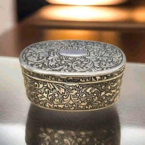 Vintage Silver Plated Engraved Metal Ornate Oval Trinket Box Red Lining Jewlery Box