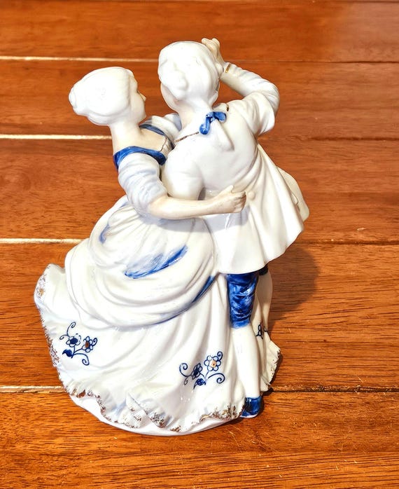 Vintage Victorian Couple Porcelain Figurine Blue White Gold Waltz