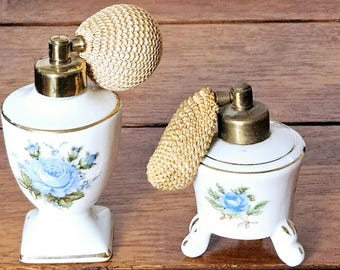 アンティーク 花柄陶器香水瓶セット ヴィンテージ風セラミック/磁器製香水瓶2本セット ～ ピンクの花柄
