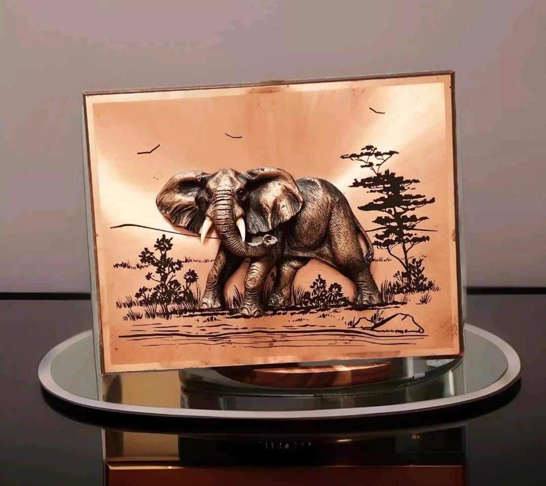 【アフリカ工芸品】額入り銅製3Dアート　象　アンティーク Vintqge 80s African Copper Elephant 3D Wall Plaque Made in Kenya