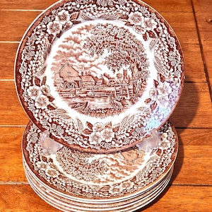 7x Broadhurst Ironstone Constable-serien bruna djupa lunchtallrikar 20 cm vintage engelsk lantlig porslin brunt och vitt transferware