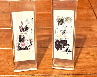 Pair Chinese Lucite Acrylic Art Blocks Paperweights Signed Li Yuling Koi Fish Flowers Decor