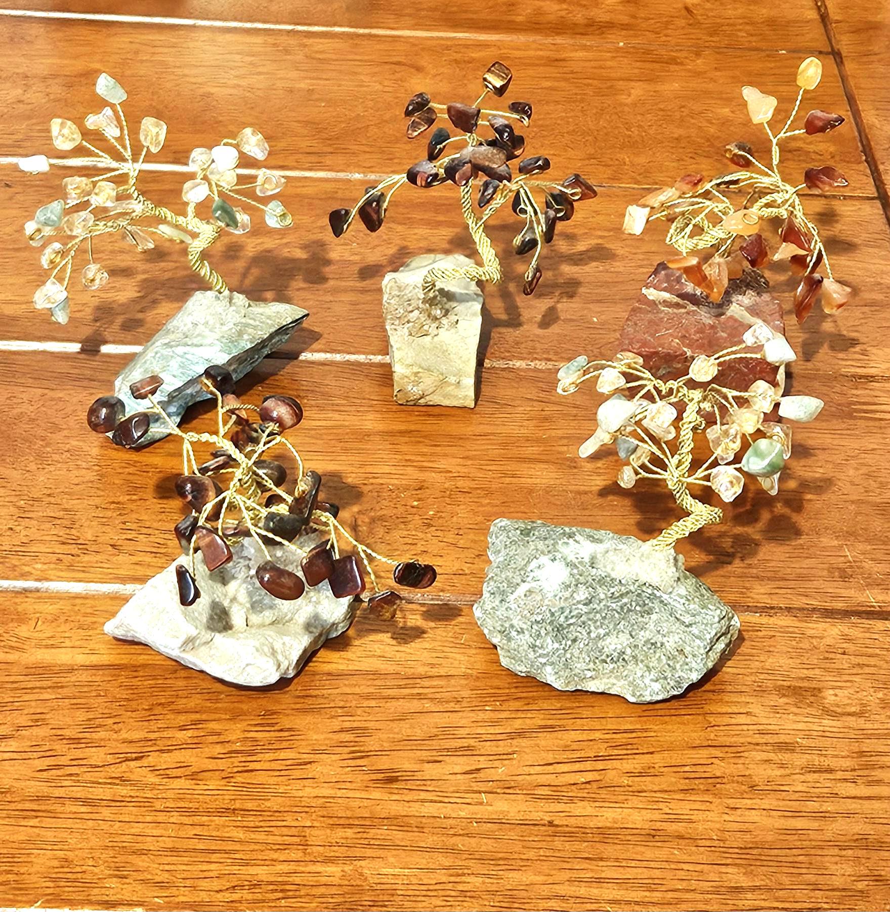 Vintage Gemstone Bonsai Trees Set of 5, Tigers Eye Aventurine