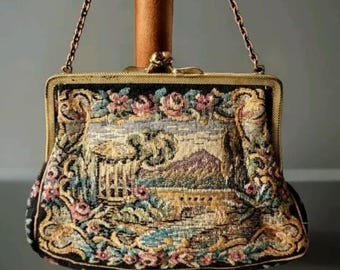 Viktorianischen Stil West Germany Geldbörse Handtasche Walborg Floral Tapisserie Bronze Kette