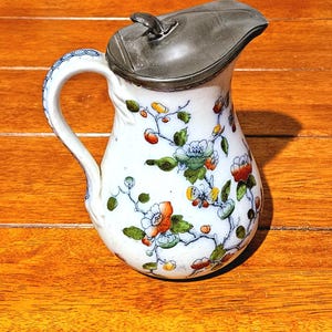 Victorian Ironstone H & Co DELHI Chinoiserie Hot Water Jug /Pitcher with Pewter Lid Burslem 1850s Antique