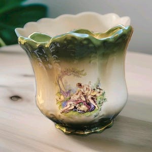 Antique K&H Pottery Staffirdshire Green and Gold Indoor Fine Bone China Jardiniere Planter Romantic Scene