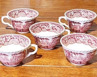 Juego de 5 tazas de té vintage Mason's England Pink Vista - Loza con decoración roja - Raras, en perfecto estado