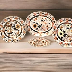 Antique 1850 Ashworth Mason&#39;s Ironstone Alfred B Pearce Imari Style Rayner 2 Dinner Plates Meat platter  Small Dish