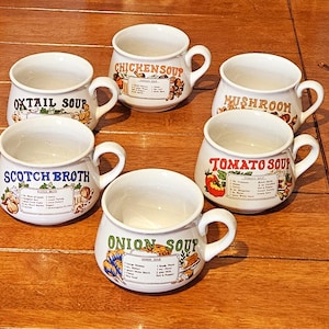 Juego de 6 tazas de cerámica vintage de los años 70 para sopa o recetas, estilo retro "caldero" de gres.