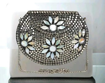 Bolso artesanal, clutch de latón con mosaico, bolso bandolera bohemio, bolso de noche étnico, bolso de mano indio con mosaico