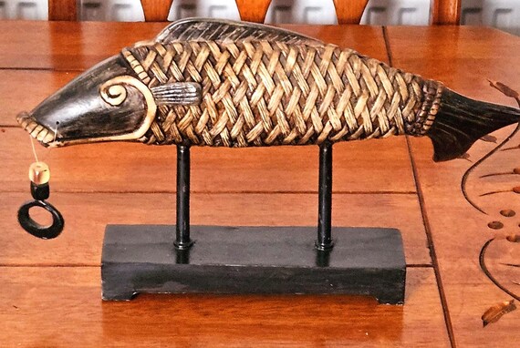 希少なアンティークの囲炉裏自在鉤 - 手彫りの木製囲炉裏鉤、魚の