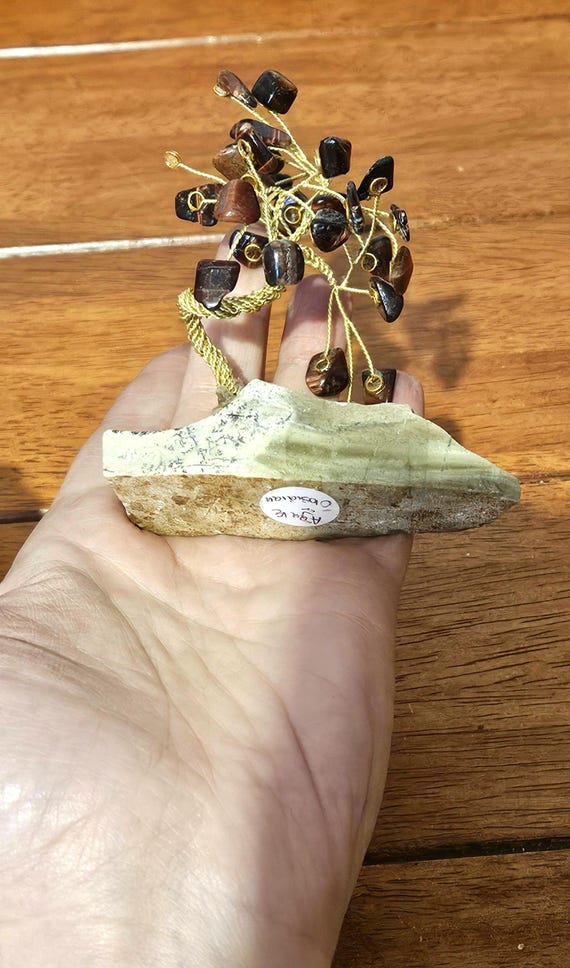 Vintage Gemstone Bonsai Trees Set of 5, Tigers Eye Aventurine