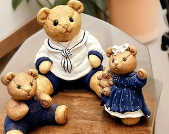 Set of 3 Stiched Brothers Vintage Hand Painted Ceramic Teddy Bears