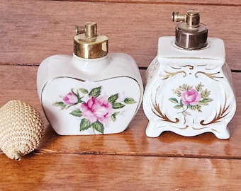 アンティーク 花柄陶器香水瓶セット ヴィンテージ風セラミック/磁器製香水瓶2本セット ～ ピンクの花柄