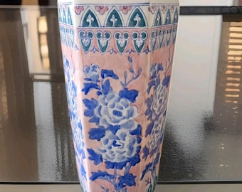 Vintage chinesischer Porzellan Schirmständer: Pink & Blaue Rosen, sechseckige Vase