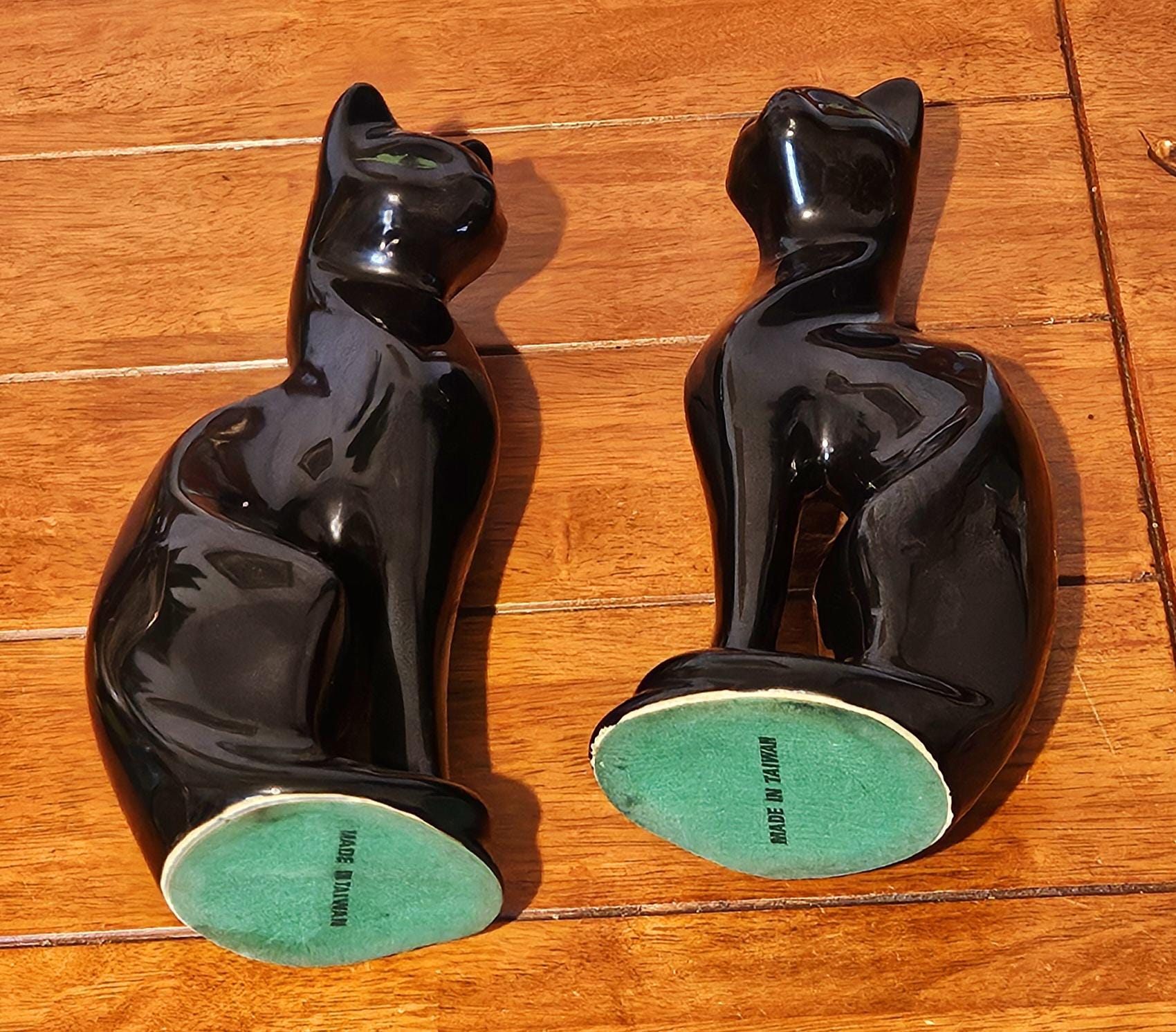Pair of Vintage Long Neck Black Porcelain Cats - Mid Century