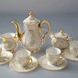 Antique L R Bavaria Germany Gold Plated 24 K  Floral Coffee Tea Service For 4 Coffee Pot Lidded Sugar Bowl Creamer Demitasse cup Saucers