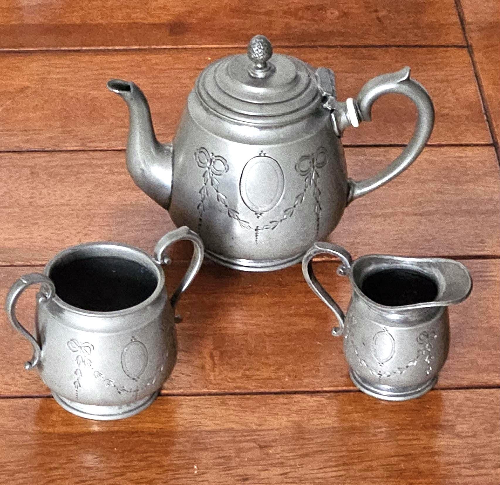 Antique Vtg Pewter? Etched Tea Set Made in Sheffield England