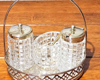 Antique Silver Plated Cruet Set: Etched Glass Condiments