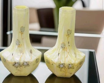Art Nouveau FRANZ WELZ style Pair Of Yellow Green  White  Splatter Glass Vases