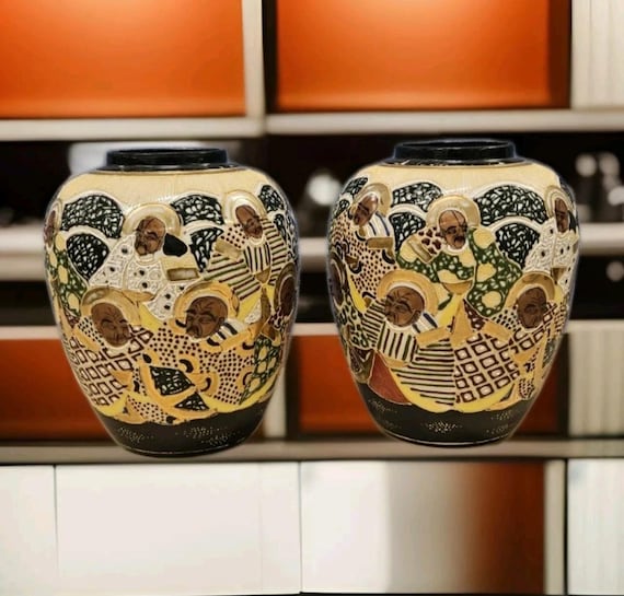 武士と馬の絵柄の装飾花瓶 薩摩焼 大型82cm 美品】薩摩豪華絢爛 【