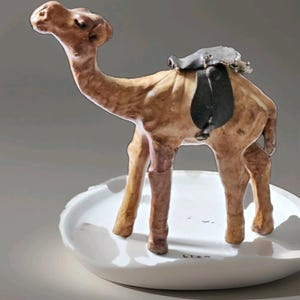 Vintage  Collectable Leather and Hand-Carved Wood Camel  13 Cm