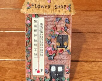 Termometr ścienny do kwiaciarni Giftco Vintage, 21 cm, żywiczna dekoracja ogrodowa z motywem kwiatowym, podwójny wskaźnik temperatury Celsjusza i Fahrenheita
