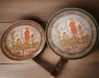 Vintage Terracotta Handmade Hand Painted Greek Gods Design Pair of Wall Plates