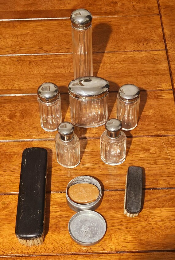 Vintage Art Deco Silver Plated Men’s Grooming Set – Glass Bottles, Brushes, Soap Dish c.1930s Marked R View 4