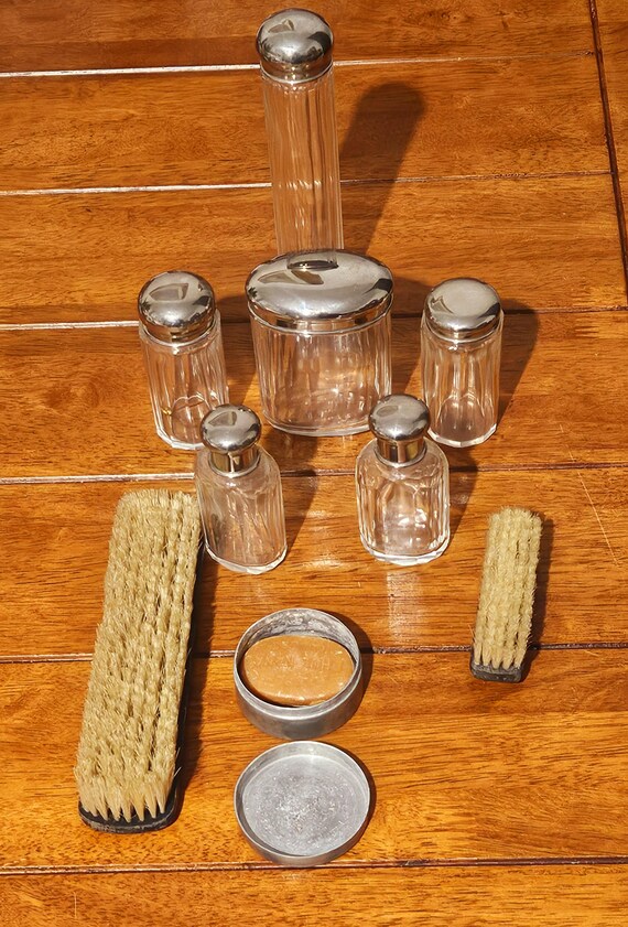 Vintage Art Deco Silver Plated Men’s Grooming Set – Glass Bottles, Brushes, Soap Dish c.1930s Marked R View 5