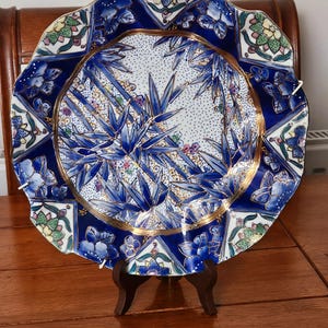 Antique Chinese Large and Heavy Cobalt Blue Handpainted Scalloped Fluted Raised Edge and Gold Rim Wall Plate
