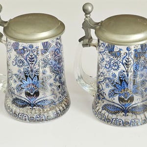 Vintage Hand Painted German   Stained Blue Glass Pair Of Beer Mugs Steins  Tankards with Pewter Lid