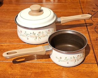 Juego de 2 piezas de cacerolas y tapa Swan Eternal Beau, estilo vintage retro, esmalte vintage.