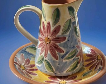 St Michael&#39;s Large Hand Painted Pitcher and Round Plate Made in Portugal Floral Pattern Cottagecore  /Farmhouse  Decor