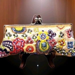 Bolso de mano elegante para fiesta de noche, estilo vintage, dorado y multicolor, con adornos de cuentas.