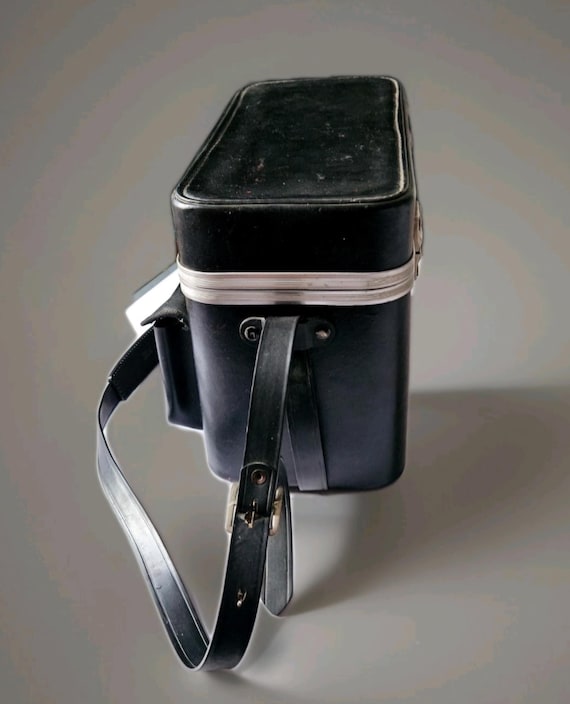 Vintage 60s Black Leather Camera Bag: Hard Case With Red Lining