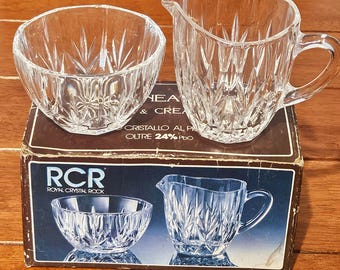 Vintage RCR Royal Crystal Rock Sugar and Creamer Set Italy 24% Lead Crystal Boxed