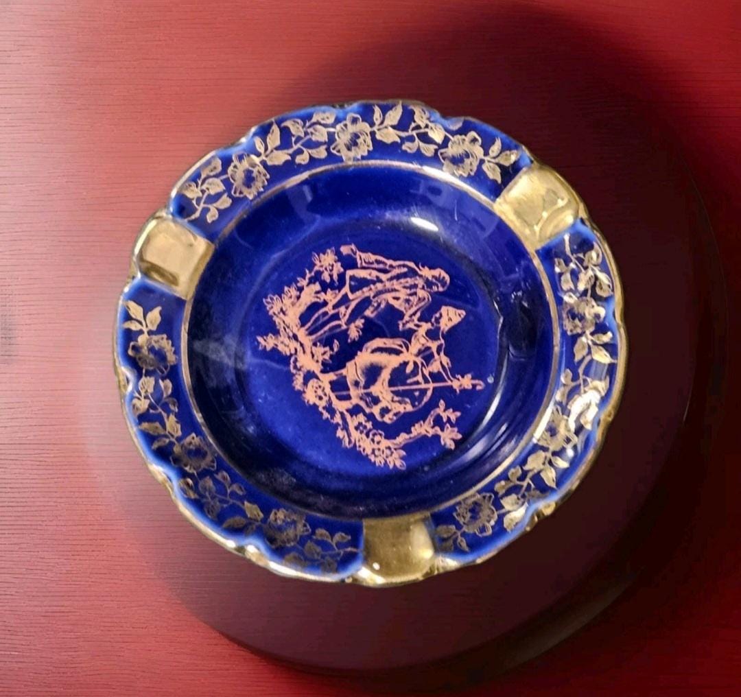 Limoges France 金彩 人物画 灰皿 コバルトブルー Limoges France Cobalt Blue Embossed With 22k Gold Porcelaine D'art