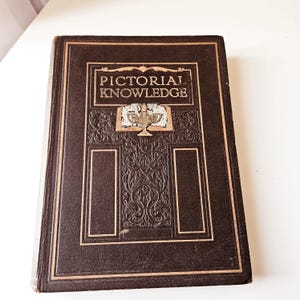 May include: A vintage brown book with gold lettering on the cover. The title is "PICTORIAL KNOWLEDGE".