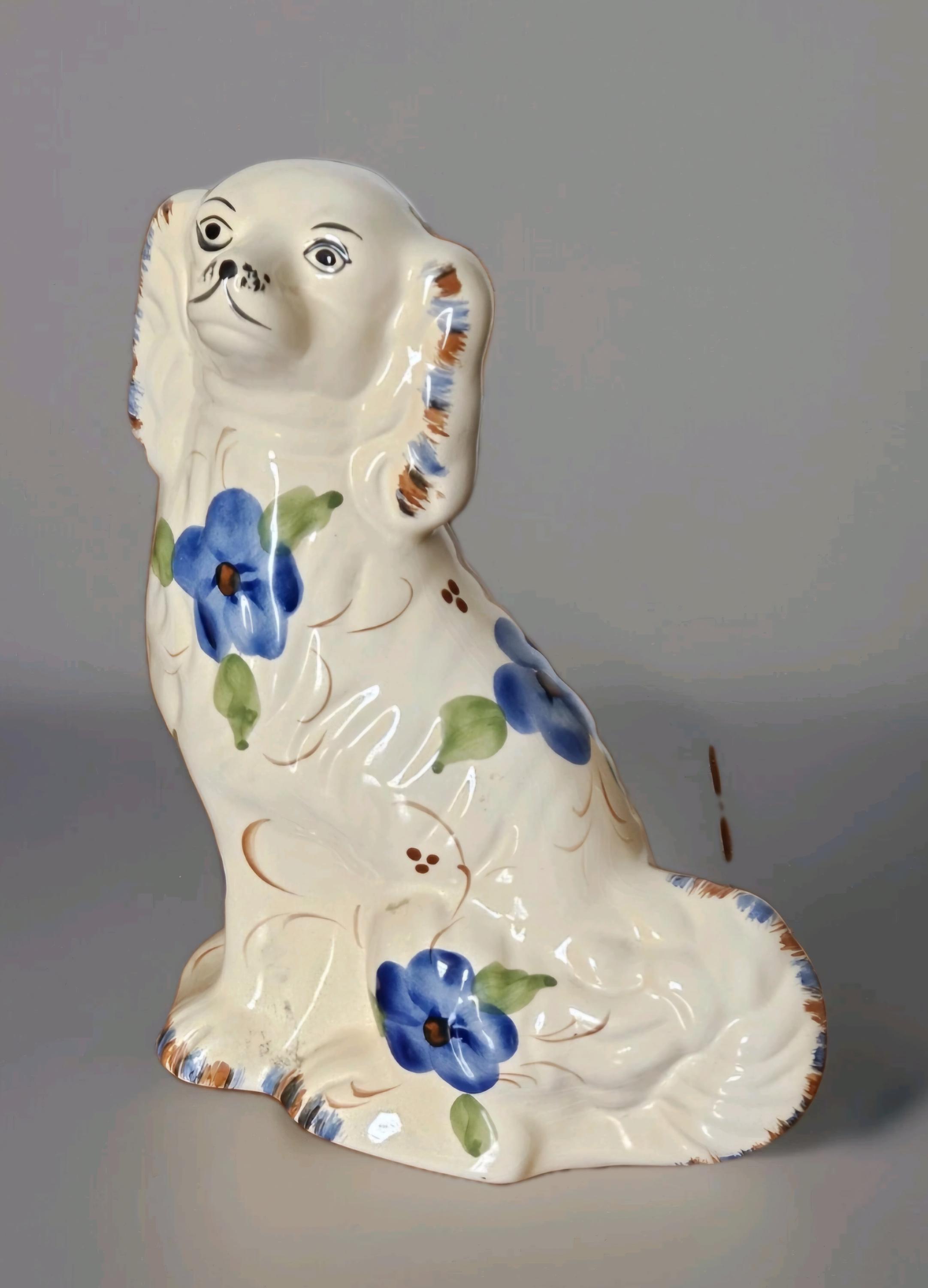 Antique Staffordshire Mantel Walley Spaniel Dog Fireside Dog  Handpainted with Forget Me Not Blue Flowers