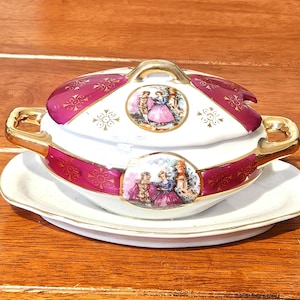 Sopera y plato de porcelana miniatura vintage, pareja de enamorados de Fragonard en la historia de amor de Borgoña, recipiente para condimentos dorado, joyero impecable